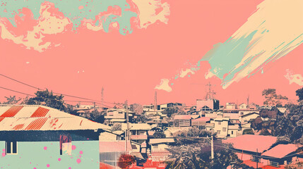 Fototapeta premium Risograph artistic riso print travel poster, card, wallpaper or banner illustration, modern, isolated, clear, simple of Bukavu, Democratic Republic of the Congo. Artistic, screen printing, stencil