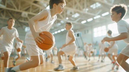 Young boys, children in white uniform in motion, playing basketball in school gym, indoor stadium.