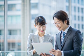 Obraz premium プロジェクトで協力する日本のビジネスマンとビジネスウーマン 