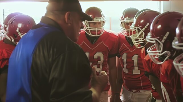 Football coach passionately motivating his team in locker room, as players in red jerseys and helmets listen intently, preparing for the game ahead