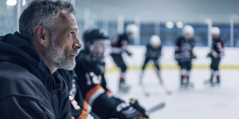 Focused hockey coach watching players on ice rink from the bench. Tension and anticipation of the match.