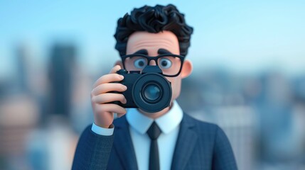 Stylish Photographer Capturing Urban Cityscape with in Modern Office Setting  Professional Man in Suit Taking Picture with Equipment and Tripod in City Backdrop