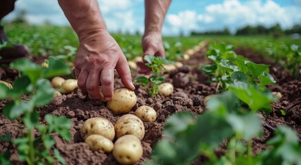 Farmer's hands harvesting potatoes in a field, close-up of natural organic farming practice