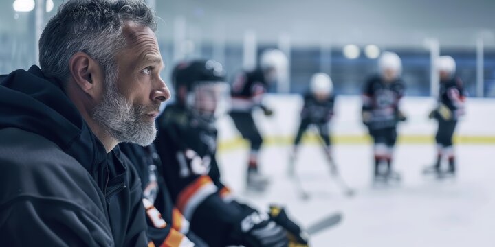 Focused hockey coach watching players on ice rink from the bench. Tension and anticipation of the match.