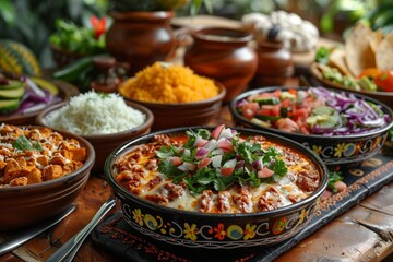 Fototapeta premium Delicious Traditional Mexican Cuisine Displayed on a Rustic Wooden Table With Colorful Ingredients and Side Dishes