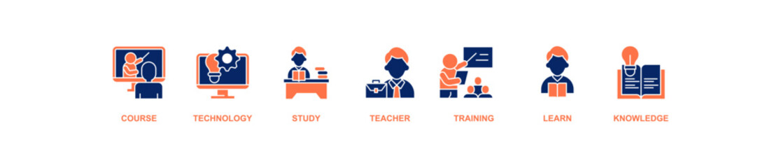 Online education banner web icon vector illustration concept with icon of course, technology, study, teacher, training, learn and knowledge
