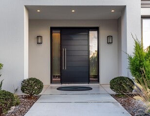 A modern front door with an oversized design, crafted from matte black metal and frosted glass