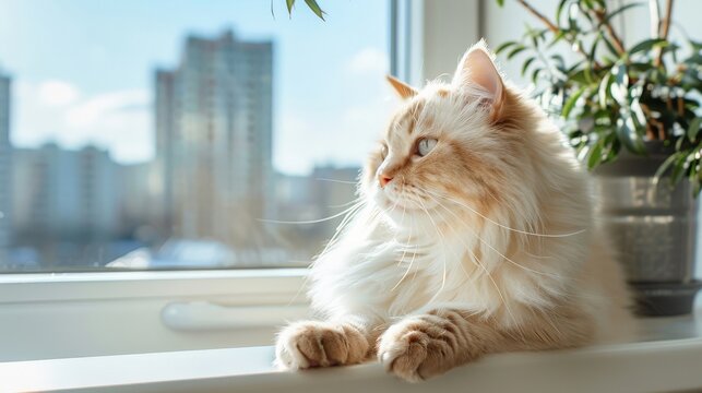A fluffy white cat perched on a sunny windowsill overlooking the city skyline