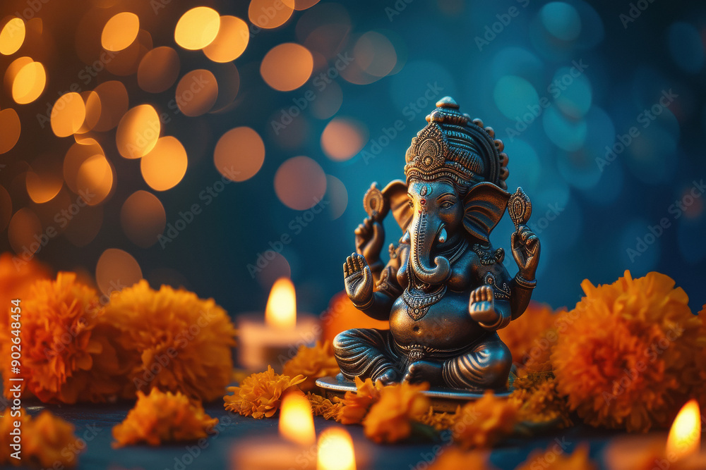 Canvas Prints Lord ganesha sculpture surrounded by marigold flower and candle