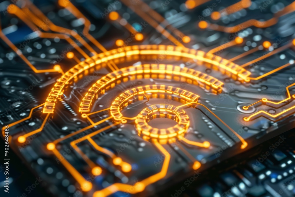 Poster circuit board with glowing orange wi fi signal symbolizing the fusion of technology and digital conn