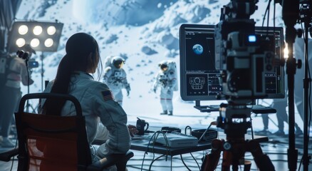 Female director managing a film set with astronauts and space scene background