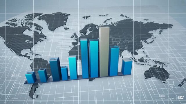 Global business growth chart on a world map with blue accents and a 3D effect