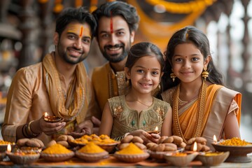 Fototapeta premium Celebrating Cultural Heritage With Family in Traditional Attire During Festival Season at a Vibrant Market