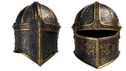 Medieval Knight's Helmet with Realistic Metallic Textures isolated on transparent.