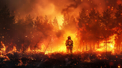 Obraz premium Team of firefighters extinguishing blazing flames. forest fire