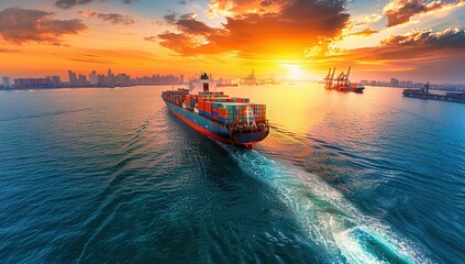 Fototapeta premium Aerial view of a cargo ship carrying containers sailing on the sea at sunset with a city skyline in the background, representing global business and transportation concepts in an impressionist style.