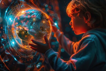 Child Exploring Futuristic Digital Globe with Holographic Technology and Virtual Reality Interface