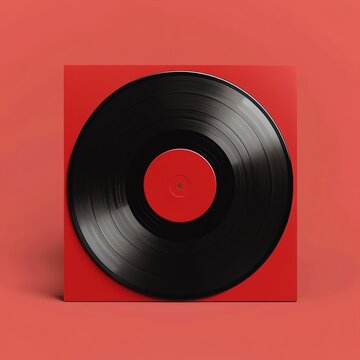 A black vinyl record on a red background, showcasing the retro charm of analog music and vintage style.