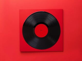 Obraz premium Black vinyl record on red background. Retro music concept with vibrant contrast perfect for nostalgic and artistic themes.