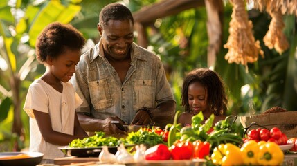 Naklejka premium A man is cooking with two children