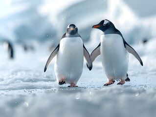 Obraz premium Playful Penguins Sliding on Icy Antarctic Landscape Lively Wildlife Portraits