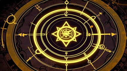 Naklejka premium top view of an ancient alchemy magic circle with yello background