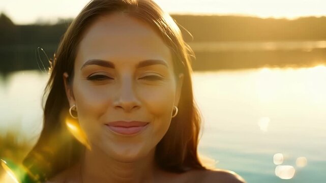 A woman in her twenties poses by the lakeside with a slight smirk on her face the crystal clear lake waters reflecting the warm sunlight.