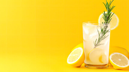Fototapeta premium Refreshing lemon drink with rosemary and ice on a bright yellow background, perfect for summer vibes and cocktail inspiration.