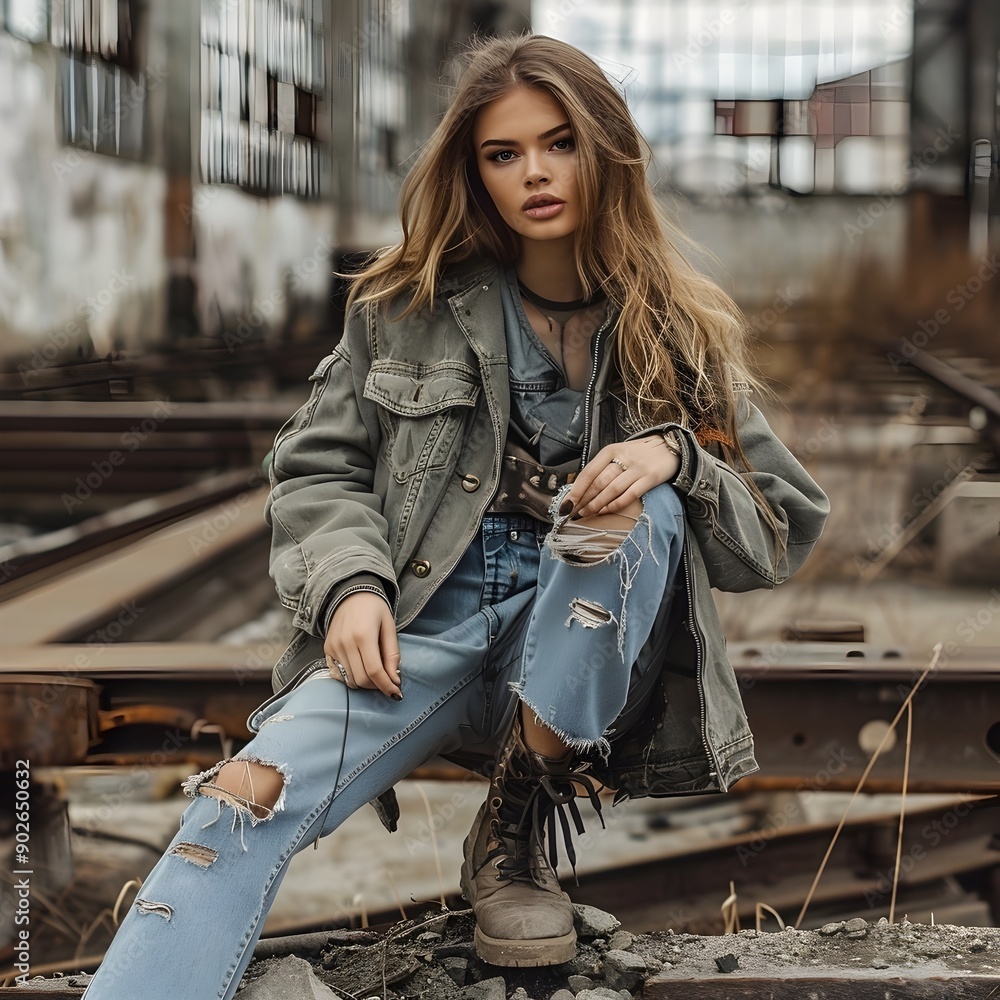 Wall mural Young Woman in Edgy Urban Fashion Posing in Gritty Industrial City Setting