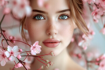 Naklejka premium A woman with blue eyes and a pink flower behind her face