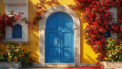 A blue door with red flowers in the style of ancient architecture, traditional animation, yellow and white walls, stone arches, bright colors, Mediterranean style, Minoan art, unique cultural elements