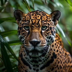 Obraz premium Fierce jaguar with intense stare in the Amazon rainforest wildlife portrait