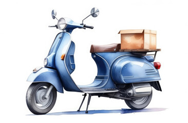 delivery scooter with cardboard cargo box. motorbike on white background, watercolor illustration