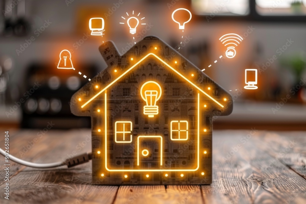 Poster glowing smart home icon with various technology symbols on a wooden surface symbolizing modern home 