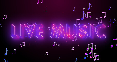 Live Music text with music symbols animation in high resolution. Neon-colored text with a glowing moving outline and symbols on a colorful background. Technology video material animation. Easy to use.