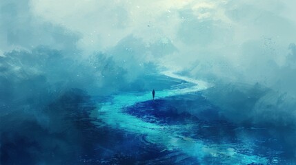 A lone figure walks along a winding path through a foggy, ethereal landscape, surrounded by deep blue hues and mystical atmosphere.