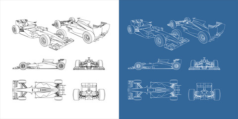 set of racing car line art draw blueprint wireframe from all side view. isolated on transparent background

