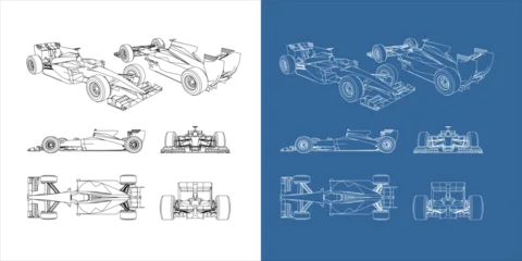 Fotobehang F1 set of racing car line art draw blueprint wireframe from all side view. isolated on transparent background    © WINDERFULL STUDIO