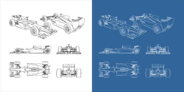 set of racing car line art draw blueprint wireframe from all side view. isolated on transparent background

