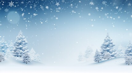 Blue Christmas background with abstract fir trees and snowfall at night. Neural network ai generated art