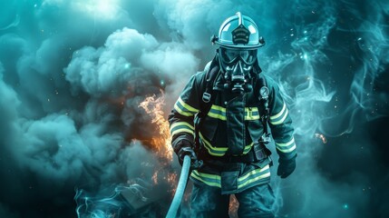 Firefighter in the Line of Duty: A brave firefighter, clad in protective gear, stands amidst billowing smoke and flames, embodying courage, resilience, and the unwavering commitment of first responder
