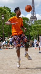 Fototapeta premium Young male athletes playing street basketball near Eiffel Tower, vibrant Paris setting. The perfect blend of modern sport and historic cityscape in a street basketball game near Eiffel Tower.