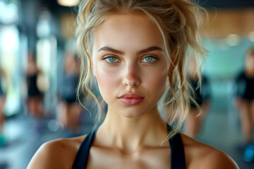 A woman with blonde hair and blue eyes is standing in a gym. She is wearing a black tank top and has her hair in a bun