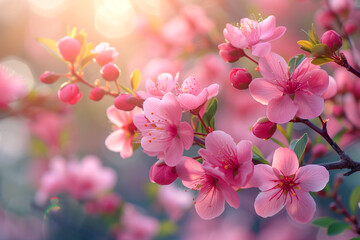 A beautiful pink flower with a bright sun shining on it. The sun is casting a warm glow on the flower, making it look even more vibrant and alive. Concept of happiness and joy