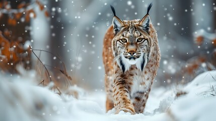 Obraz premium Agile Lynx Navigating Snowy Forest with Sharp Eyes and Stealthy Movements