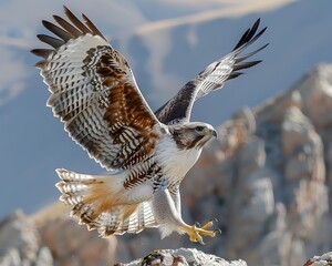 Obraz premium Fierce Hawk in Mid Dive Talons Extended Over Majestic Mountain Landscape
