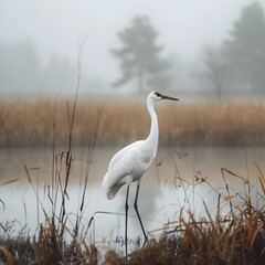 Fototapeta premium Elegant crane standing in a misty wetland with serene posture and long legs wildlife portrait concept