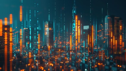 A stock market graph with orange and black lines reflecting the movement of creatures on digital screens in front of city buildings at night, emphasizing dynamic motion above virtual charts and graphs