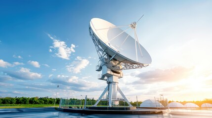 Panoramic view of a satellite dish network, showcasing the infrastructure behind global broadcasting technology