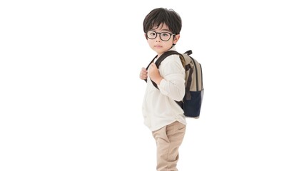 Boy with glasses and backpack looking back